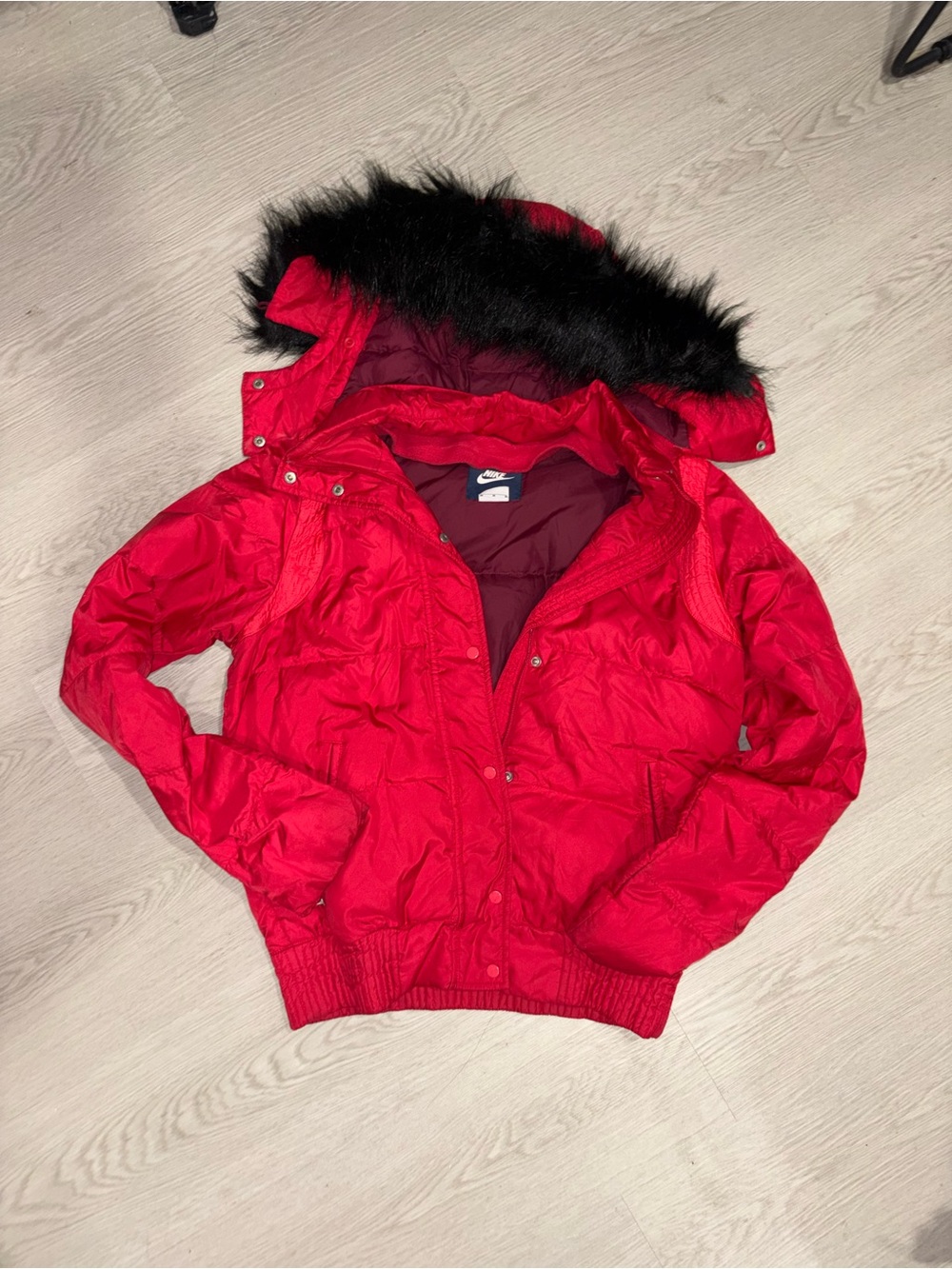 Nike Women’s Bright Red Hooded Puffer Jacket with Black Faux Fur Trim